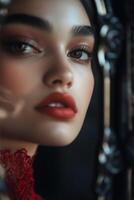 A high-fashion model stands in front of a mirror, her gaze drawn into the reflection which presents a different version of herself photo