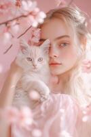 A serene moment captured as a woman gently cradles a kitten in her arms, surrounded by delicate cherry blossom petals, drenched in soft, warm colors and ethereal lighting photo