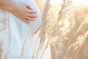In a serene field of tall grass, a woman stands peacefully, gently cradling her belly. Golden sunlight filters through, creating a warm and soft atmosphere photo