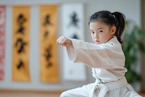 A young child dressed in a karate uniform practices a high kick in a martial arts dojo. Softly blurred banners in the background highlight the discipline of the activity photo