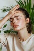 In a softly lit room, a woman presses a cold compress to her forehead, seeking relief. Blurred greenery in the background adds a calming effect to the atmosphere photo