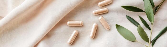 Herbal capsules are arranged thoughtfully on a clean linen fabric, accompanied by fresh leaves and subtle wooden elements, emphasizing the essence of natural supplements photo