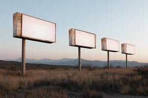 A row of billboards stands empty, stretching toward the horizon. The barren landscape and soft light of sunset create an ambiance of isolation, emphasizing the repetition of branding photo