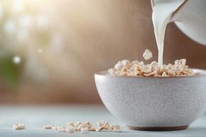 Milk flows smoothly into a ceramic bowl filled with cereal, surrounded by a softly blurred background that conveys a feeling of freshness and warmth. Perfect for a cozy morning ritual photo