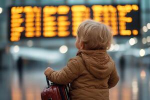 A toddler stands in an airport terminal, looking up in wonder at a large departure board, gripping a tiny suitcase. Softly blurred planes move in the background, highlighting travel excitement photo