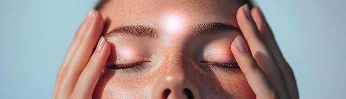 With closed eyes, a person enjoys a moment of peace as glowing hands of soft light cradle their forehead, symbolizing care and pain relief, creating a serene atmosphere photo