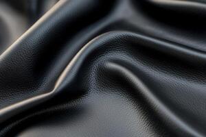 The smooth surface of black leather showcases subtle, diffused highlights, providing a rich, elegant backdrop ideal for creative branding and typography design projects photo