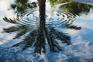 A palm tree is reflected in a pool of water photo