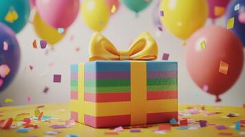 A colorful gift box with a bow on top surrounded by colorful balloons photo
