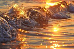 A wave is splashing into the ocean at sunset photo