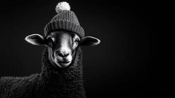 Black sheep wearing a knitted hat on a black background photo