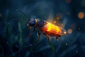 A bug with glowing eyes and wings on a grassy field photo