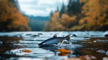 A fish is swimming in the water with leaves on the ground photo