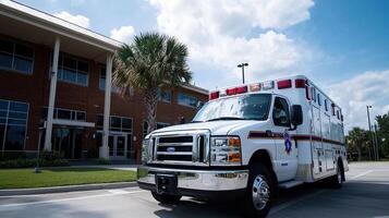 A white ambulance is parked in front of a building photo