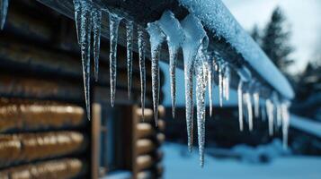 Icicles hanging from the roof of a cabin photo