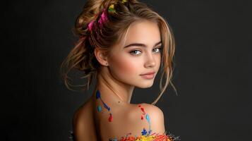 A young woman with colorful hair and a colorful back is posing for a photo