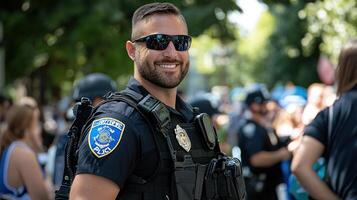 A police officer with a badge on his shirt is smiling photo