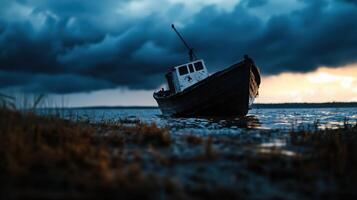 A boat sits on the water in front of a stormy sky photo