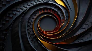 A black and gold spiral design on a black background photo
