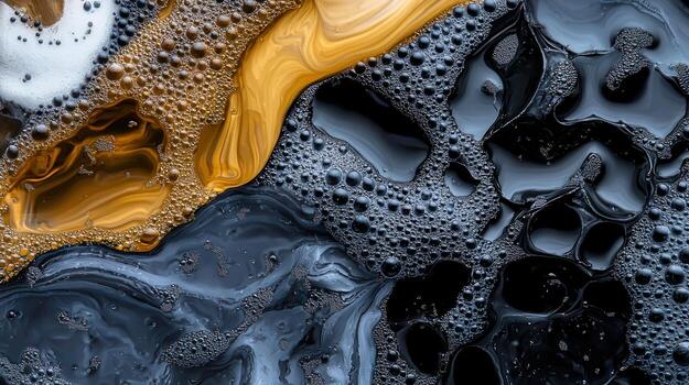 The image is a colorful abstract painting with a mix of black, yellow photo