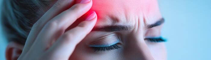 A close-up portrait captures the expression of discomfort on a person's face, with a soft red glow illuminating the forehead photo