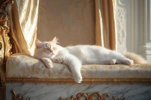 A Persian cat enjoys a serene moment, lounging elegantly on a gilded throne. Soft golden light filters through silk curtains, enhancing the rich velvet and marble surroundings photo