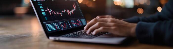 A trader intently analyzes glowing market trends on a sleek laptop screen in a vibrant trading environment, making strategic investment choices photo