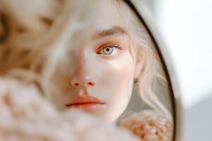 A high-fashion model stands near a mirror, observing her reflection that reveals a different version of herself. This moment evokes themes of duality and intrigue in a softly lit room photo