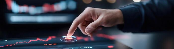 Hands of a professional trader engage with a holographic stock market chart, set in a softly blurred office background, showcasing a blend of technology and finance photo