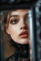 In a dimly lit room, a high-fashion model peers into an intricate mirror, revealing a different version of herself that evokes a sense of duality and intrigue photo