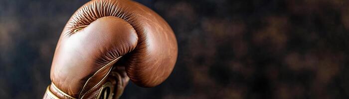 Luxurious leather boxing glove showcases intricate embossed gold detail, resting on a dark velvet surface illuminated with soft studio lighting, creating an elegant atmosphere photo