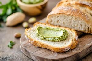 Golden slice of crusty bread topped with creamy pistachio butter is presented on a rustic wooden board, surrounded by a softly blurred background, evoking comfort and warmth photo
