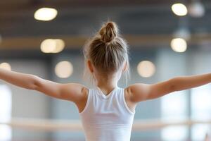 A young girl is focused on balancing on a beam, her arms extended gracefully. The softly lit gym creates an inspiring atmosphere, highlighting her determination and poise photo