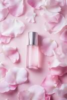 A skincare essence bottle rests gently among pink flower petals, embodying tranquility and natural beauty while inviting a sense of calm and rejuvenation photo