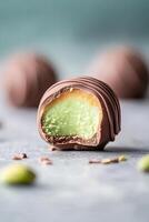 A pistachio truffle is split open to show a glowing golden caramel center. The treat emits warmth, inviting dessert enthusiasts to indulge in its rich flavor and appealing texture photo