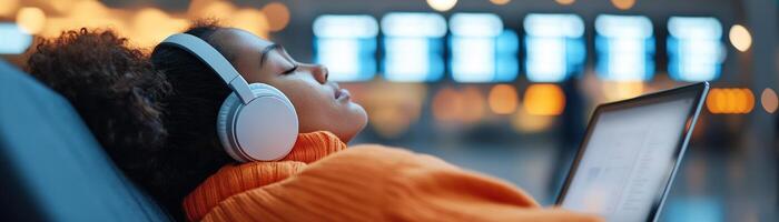 Curled up in an airport seat, a traveler wears noise-canceling headphones while working on an illuminated laptop. A blurred departure board adds to the airport ambiance photo