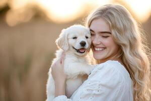 Laughter fills the air as a joyful woman holds a playful puppy against a soft-focus golden-hour background, creating an enchanting, whimsical atmosphere with glowing natural light photo