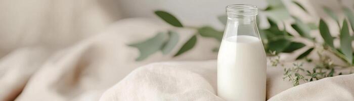 A glass milk bottle sits on a soft beige linen cloth, surrounded by delicate green leaves, creating an atmosphere of freshness and tranquility ideal for a natural-themed space photo