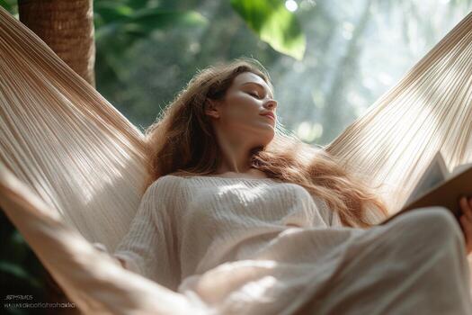 A woman reclines in a hammock beneath swaying palm trees, immersed in a book while soft sunlight filters through the leaves, creating a peaceful atmosphere for relaxation photo