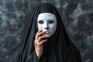 A person dressed entirely in black stands against a softly lit, textured backdrop. They hold a plain white mask up to their face, creating an air of mystery as they engage the viewer photo