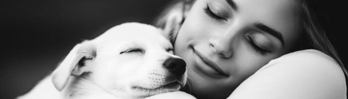 A woman rests peacefully with her pet in a soft-focus setting. The chiaroscuro lighting highlights their serene bond, evoking a sense of warmth and timelessness photo