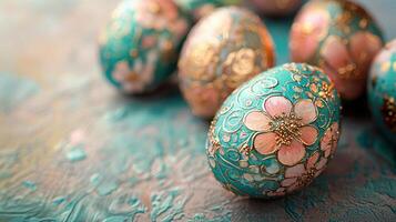 A group of painted eggs with flowers on them are arranged on a blue surface photo
