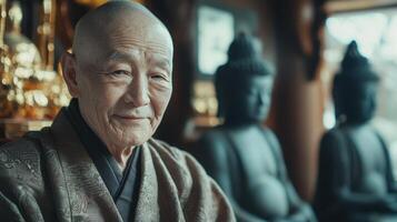 An elderly monk smiles softly while seated in a temple. Behind him, statues of Buddha create a tranquil atmosphere, emphasizing the serenity of the moment photo