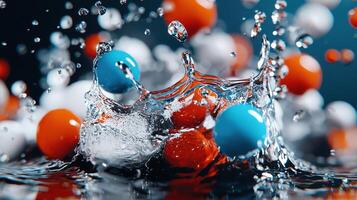 Water drops with colorful pills in the water photo