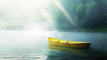 A yellow boat floating in a lake photo