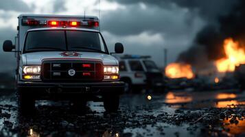 Ambulance on fire in front of a dark background photo