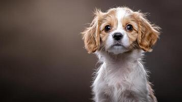 A small brown and white dog looking up photo