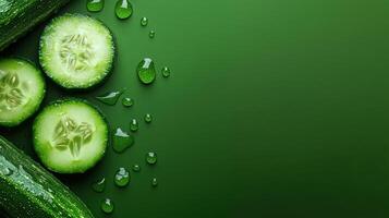 Cucumber slices with water drops on a green background photo