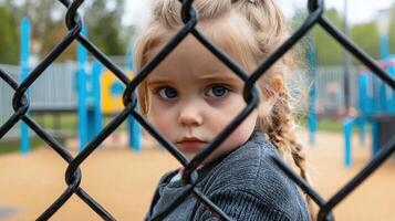 A young girl is looking through a chain link fence photo