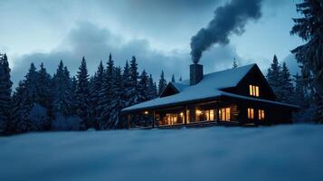 A cabin in the woods with smoke coming out of the chimney photo
